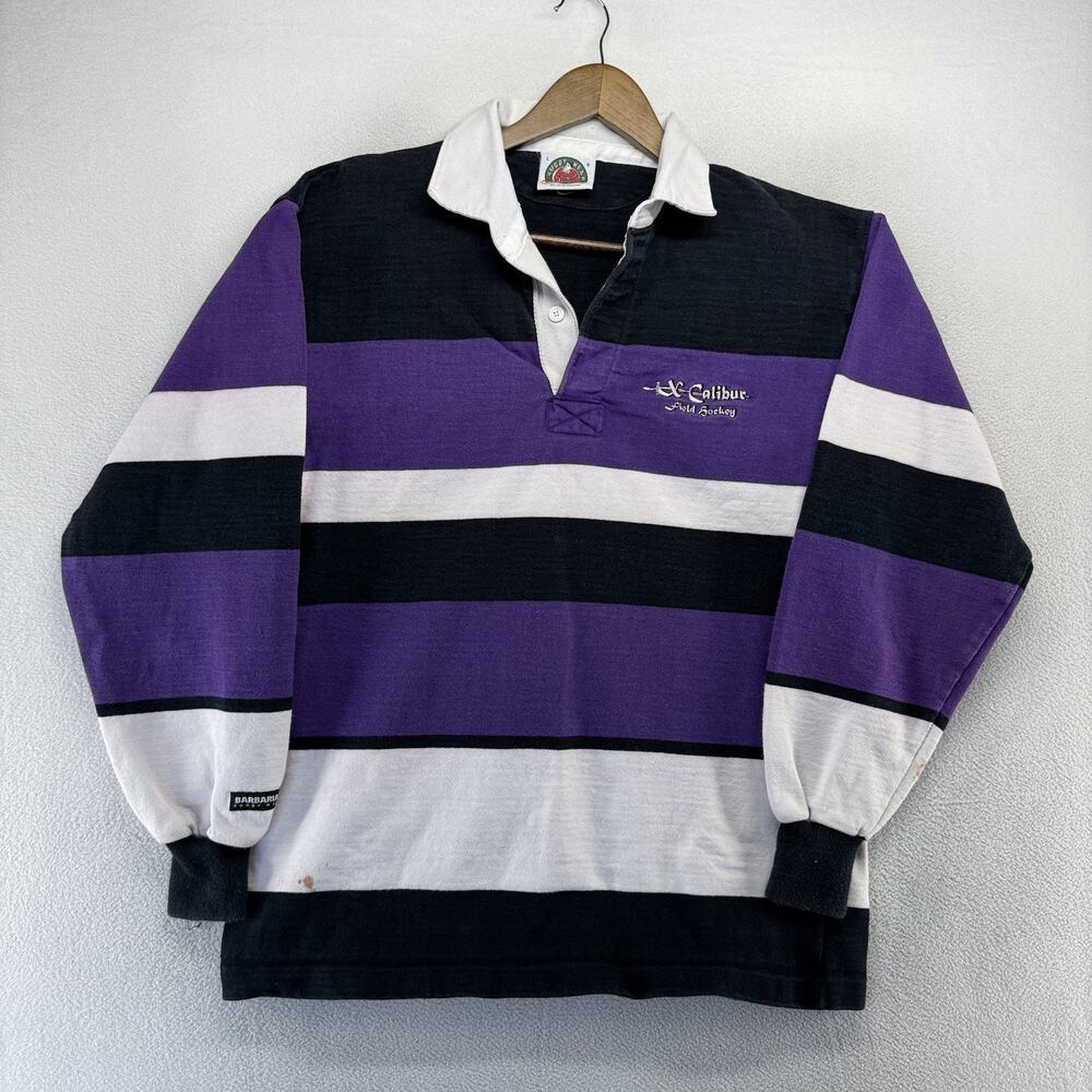 Vintage Barbarian Rugby Shirt Men's Large Black Purple Xcalibur Sword thick 90s